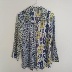 HABITAT CLOTHES TO LIVE IN WOMEN'S TOP BLUE LIME CRINKLE FABRIC 3/4 SLEEVE XL